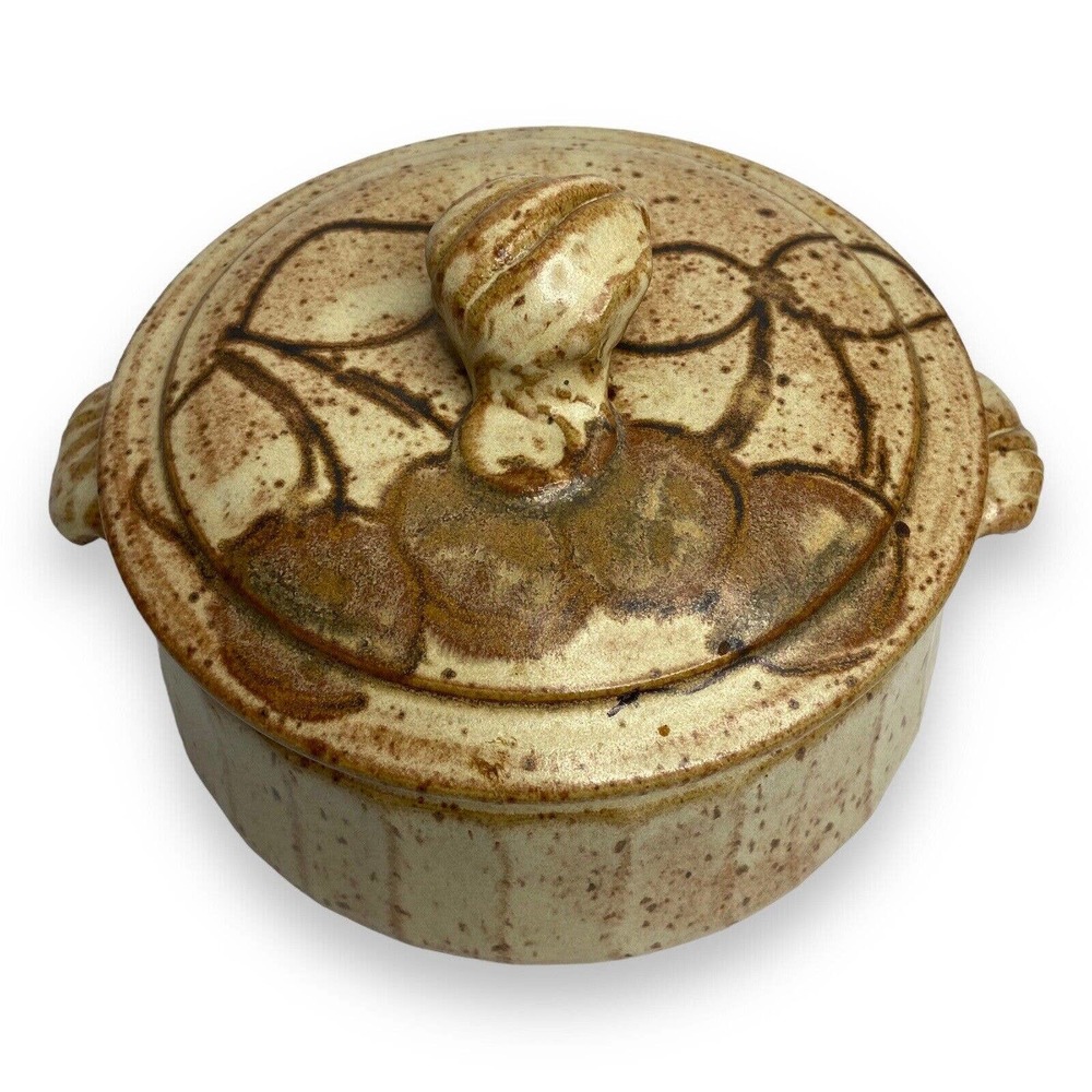 VTG Reynolds Stoneware Pottery Lidded Vessel Cherries Tureen Handles Beige Crock